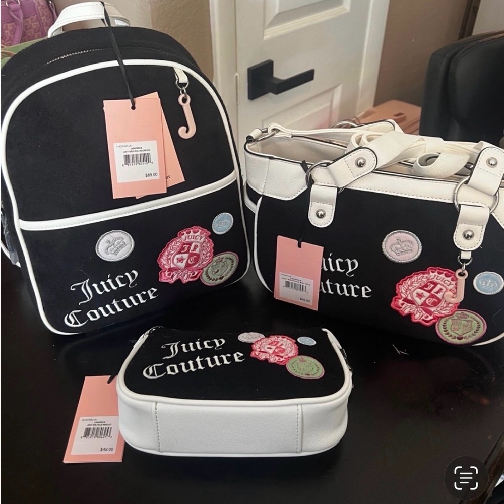 Juicy Couture Black & White Embroidered Patch Backpack and Bag Set